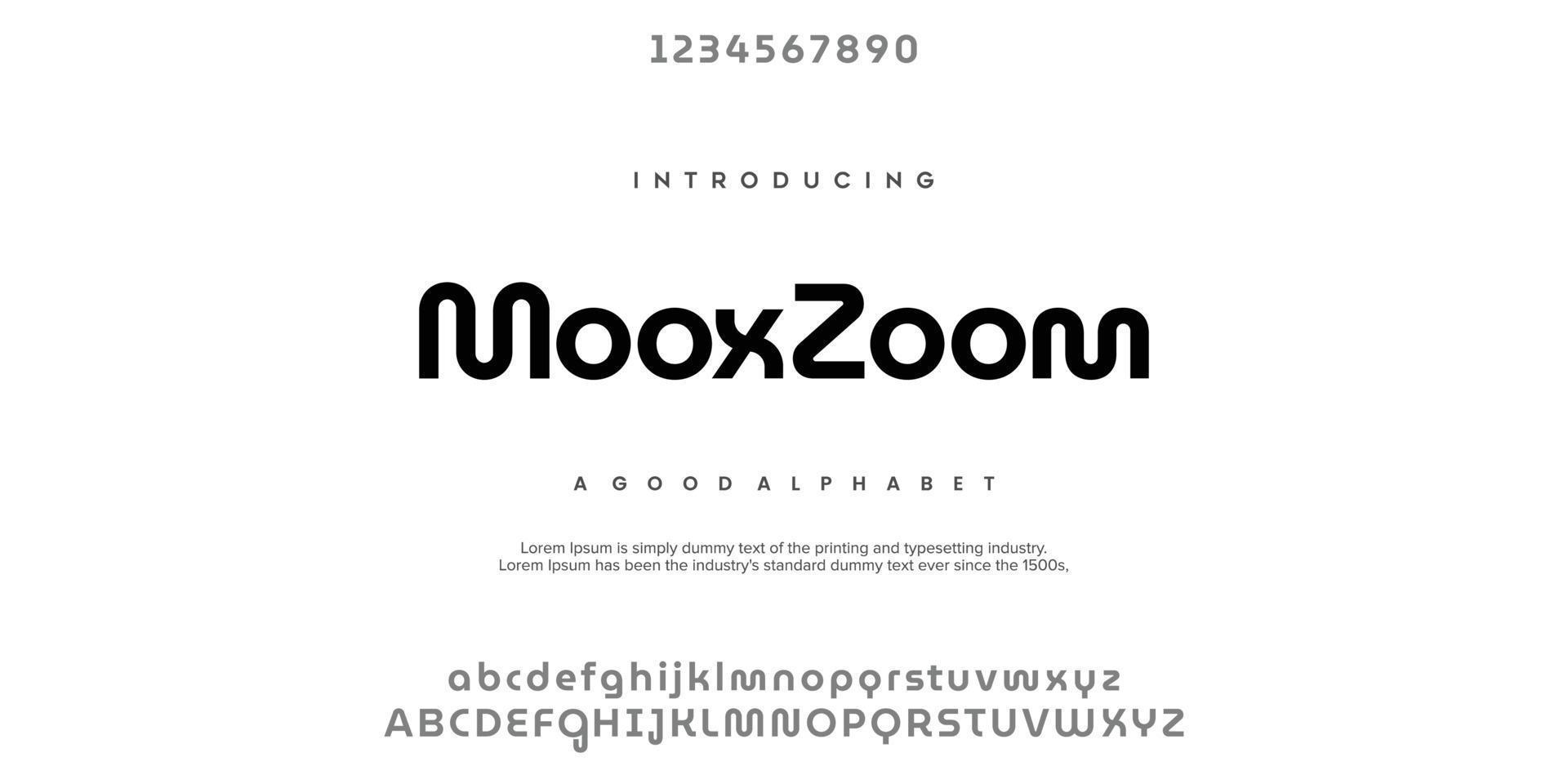 mooxzoom font alfabeto moderno minimale astratto. illustrazione vettoriale di tecnologia tipografica