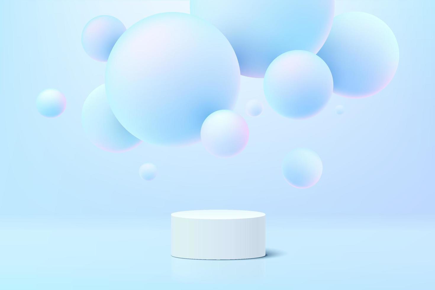 podio con piedistallo cilindrico bianco con palla a sfera con ologramma blu che vola. vettore stanza studio astratto con piattaforma geometrica 3d. scena minimale pastello per vetrina di prodotti cosmetici, display promozionale.