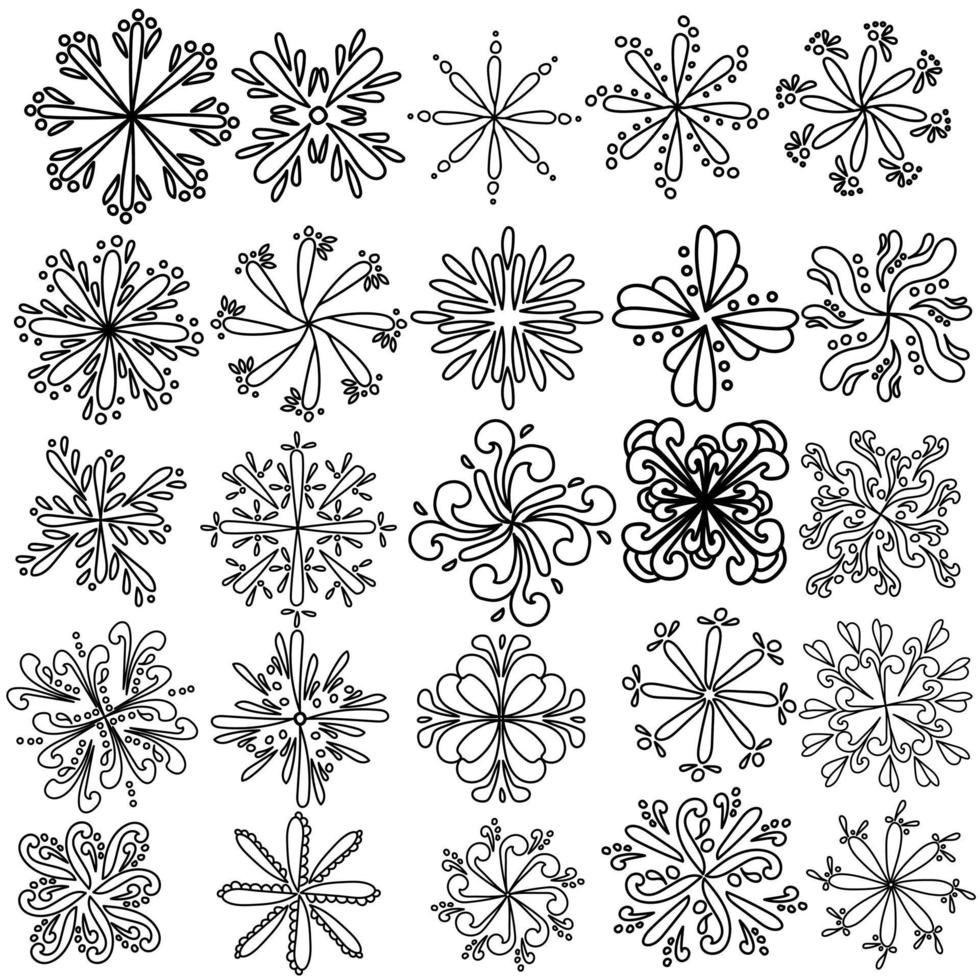 set di fiocchi di neve di contorno con motivi decorati, disegno a mano da colorare su un tema invernale vettore