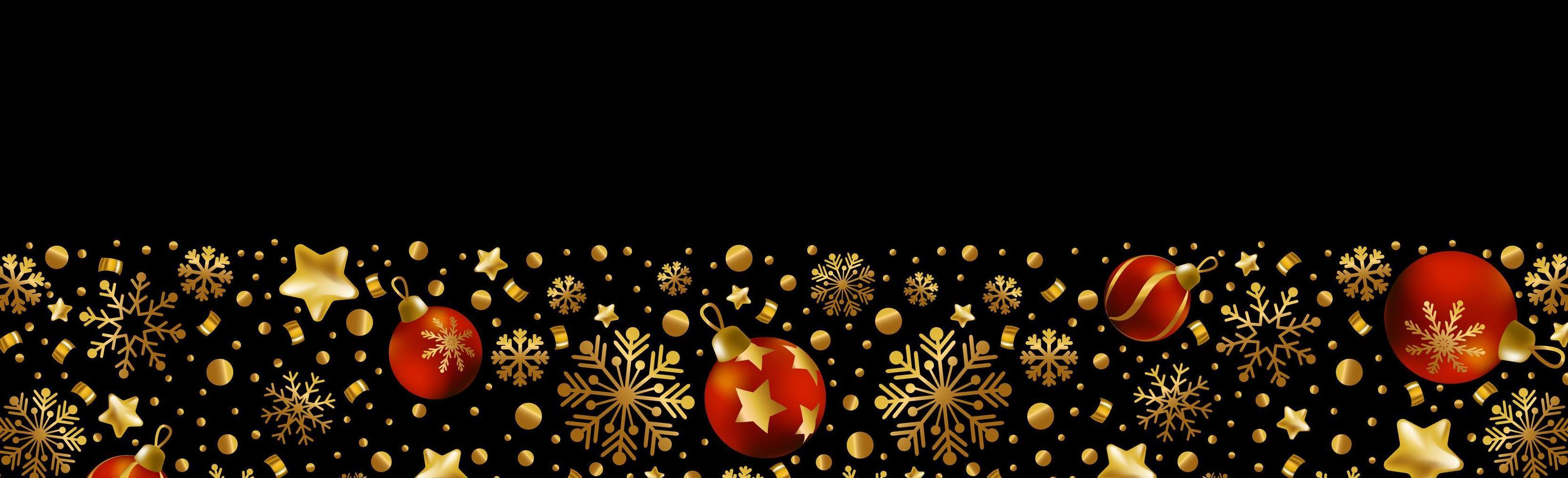 felice anno nuovo e buon natale biglietto di auguri, banner per le vacanze, poster web. sfondo scuro con brillanti fiocchi di neve dorati e palle di natale rosse - vettore