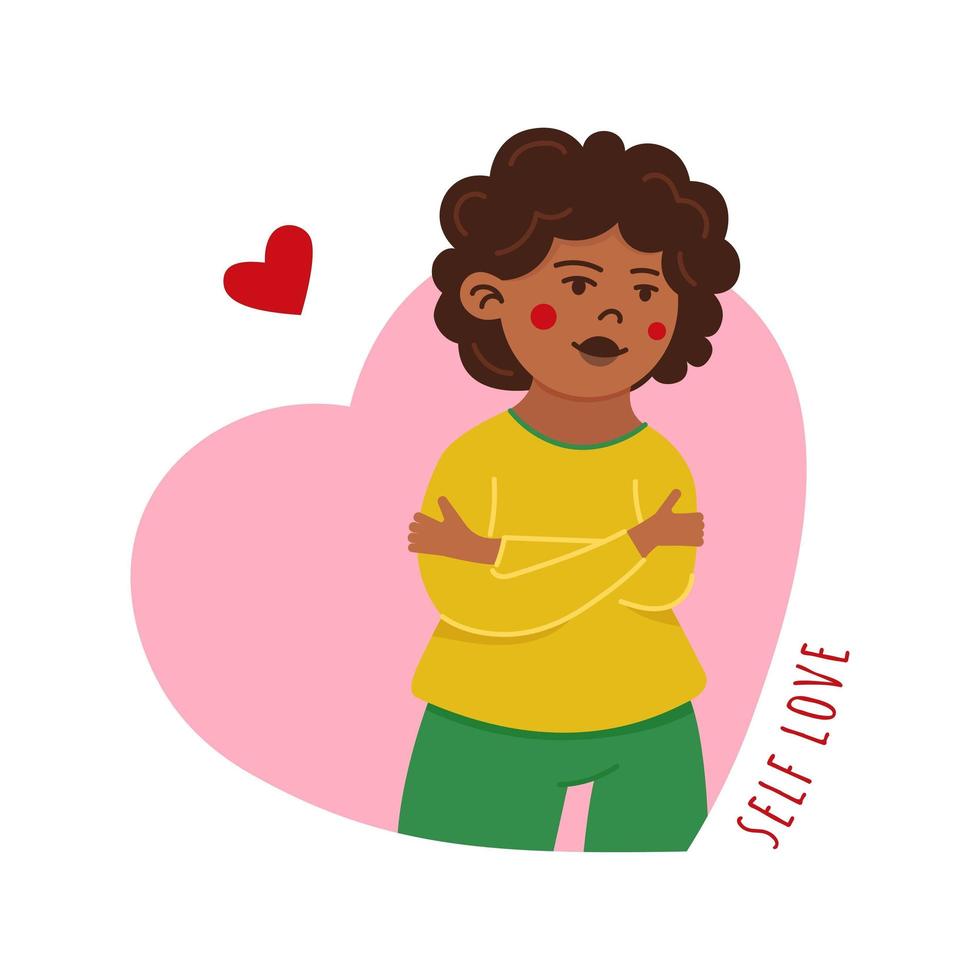 illustrazione vettoriale di auto amore nero donna. donna sorridente si abbraccia a forma di cuore. cura del corpo e concetto di design dell'amore per se stessi