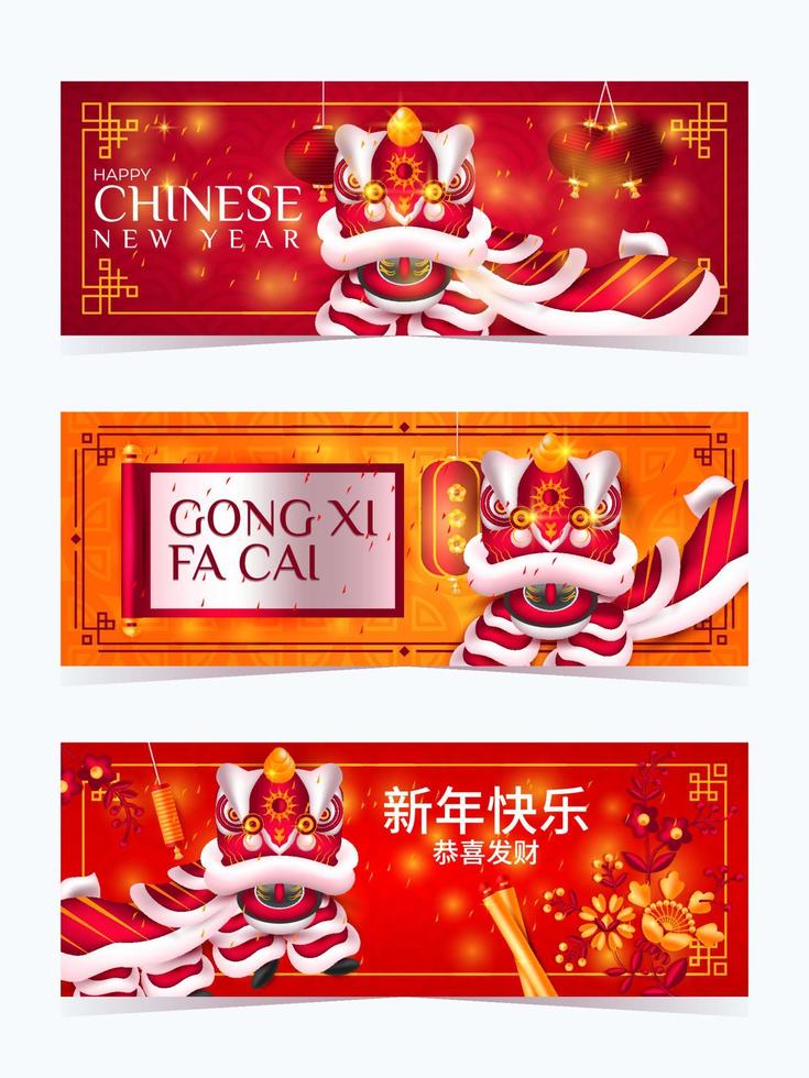 striscione capodanno cinese con danza del leone vettore