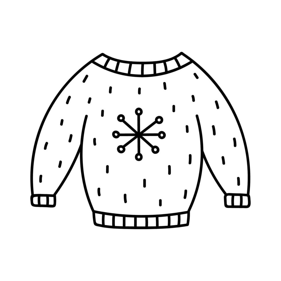 brutto maglione di natale isolato su sfondo bianco. caldo maglione lavorato a maglia. illustrazione vettoriale disegnata a mano in stile doodle. perfetto per disegni di vacanza, carte, decorazioni, logo.