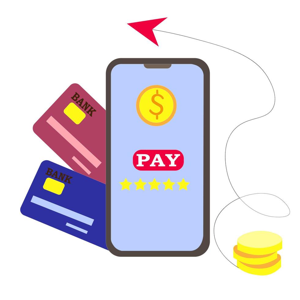 smartphone per acquisti online. pagamento di merci con monete d'oro, carte bancarie. il concetto di pagamento online, metodo di pagamento non in contanti. illustrazione superiore di vettore. vettore