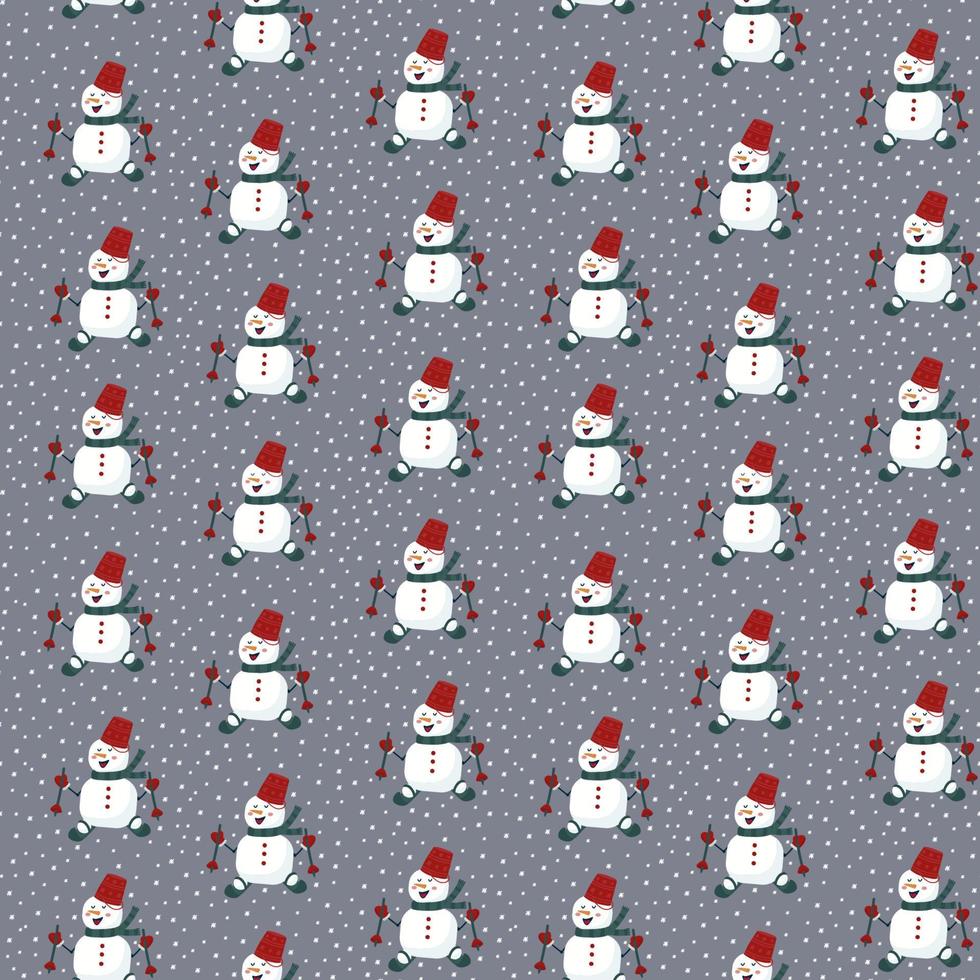 un motivo con un pupazzo di neve in un cerchio di fiocchi di neve. sfondo con un allegro carattere invernale fatto di neve sugli sci. felice anno nuovo e buon Natale. illustrazione vettoriale