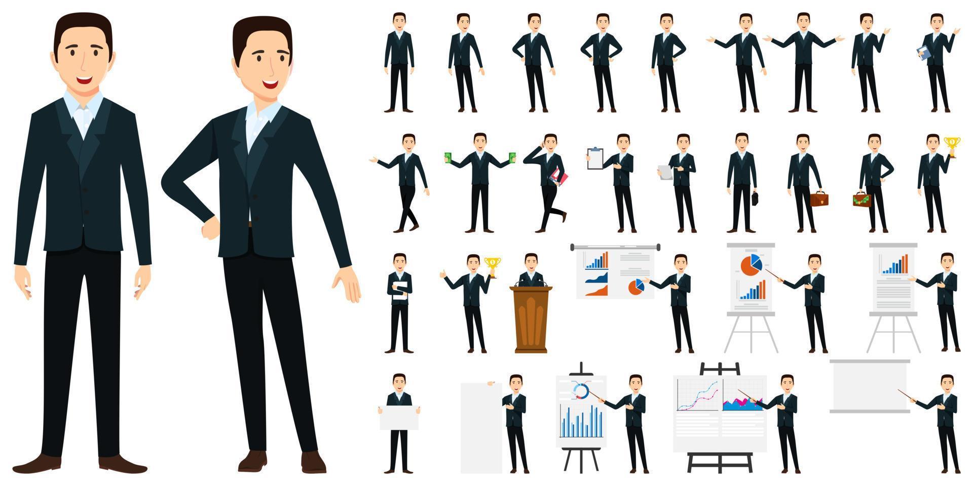 set di caratteri dell'uomo d'affari che indossa abiti da lavoro e in piedi con pose diverse e con scheda di presentazione con grafico grafico delle vendite isolato e in posa vettore