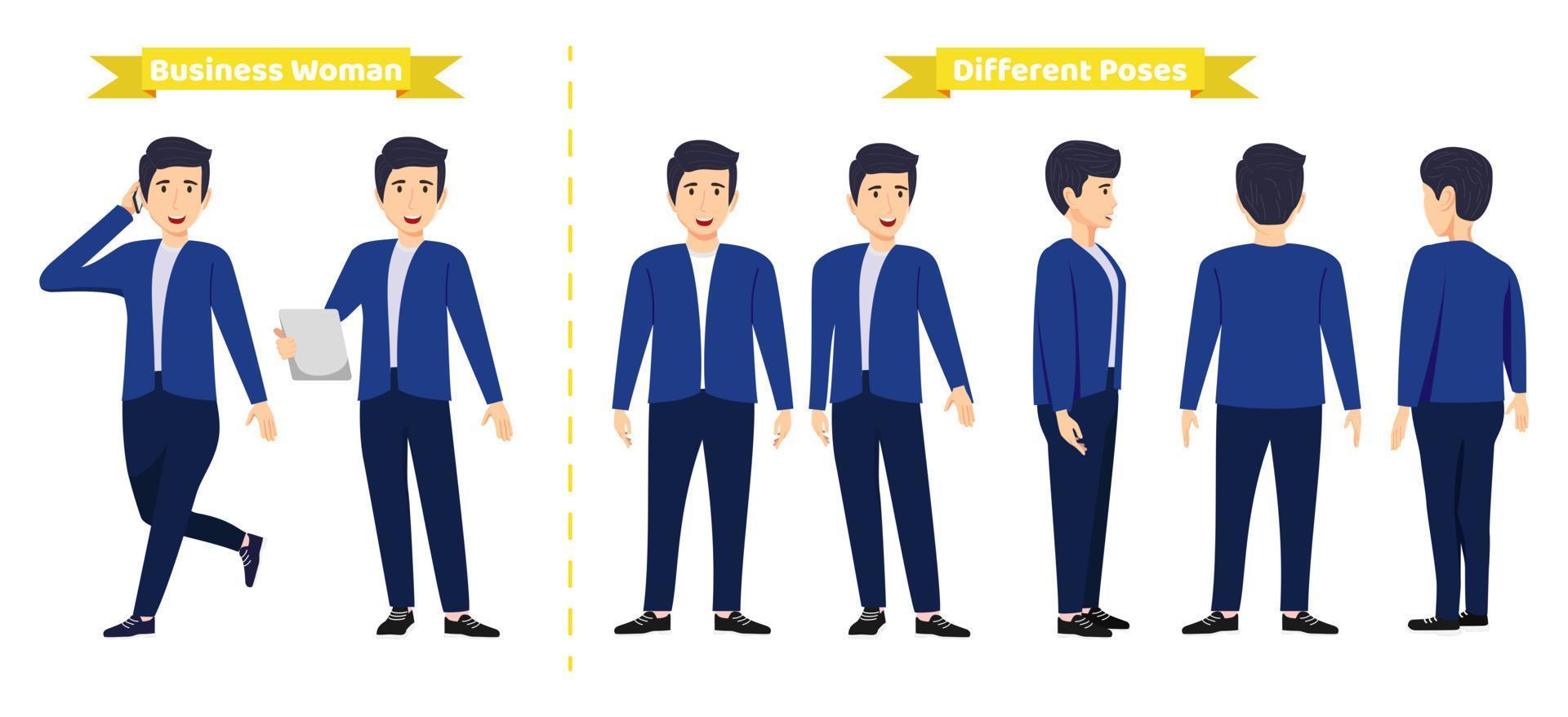 set di caratteri moderno e carino uomo d'affari che indossa abiti da lavoro con posa diversa con vista frontale sul retro per la creazione di animazioni colorate vettore