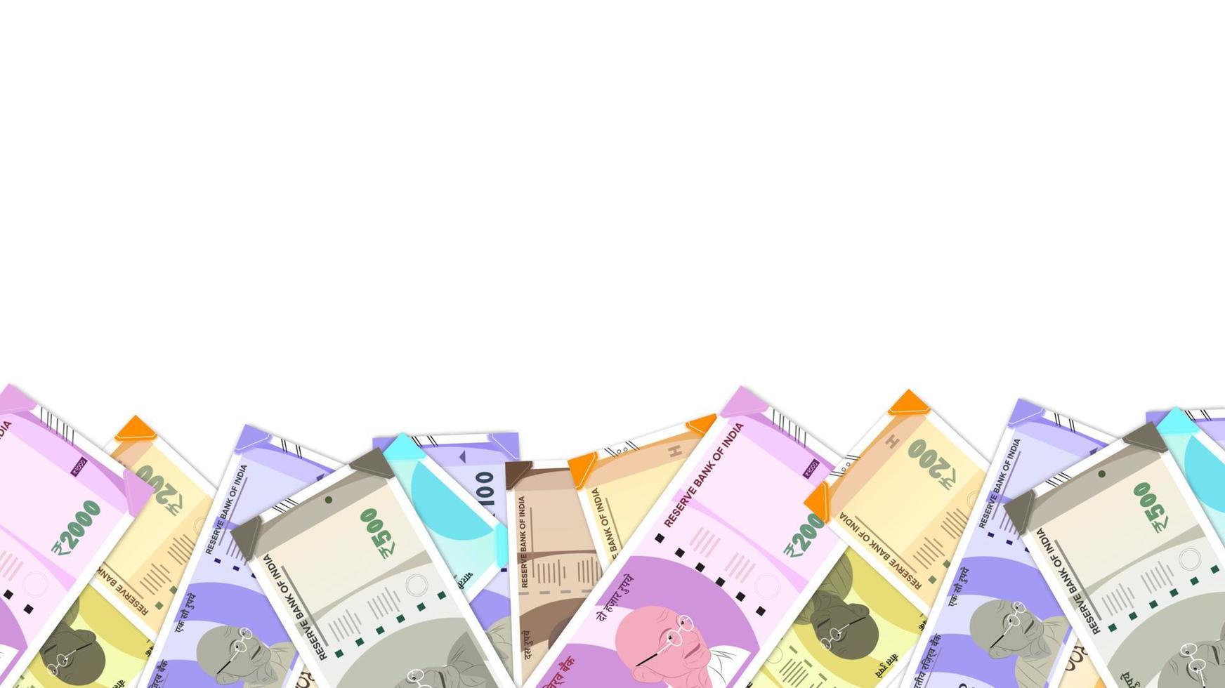banconote indiane da 10, 20, 50, 100, 200, 500, 2000, rupie con sfondo bianco vettore