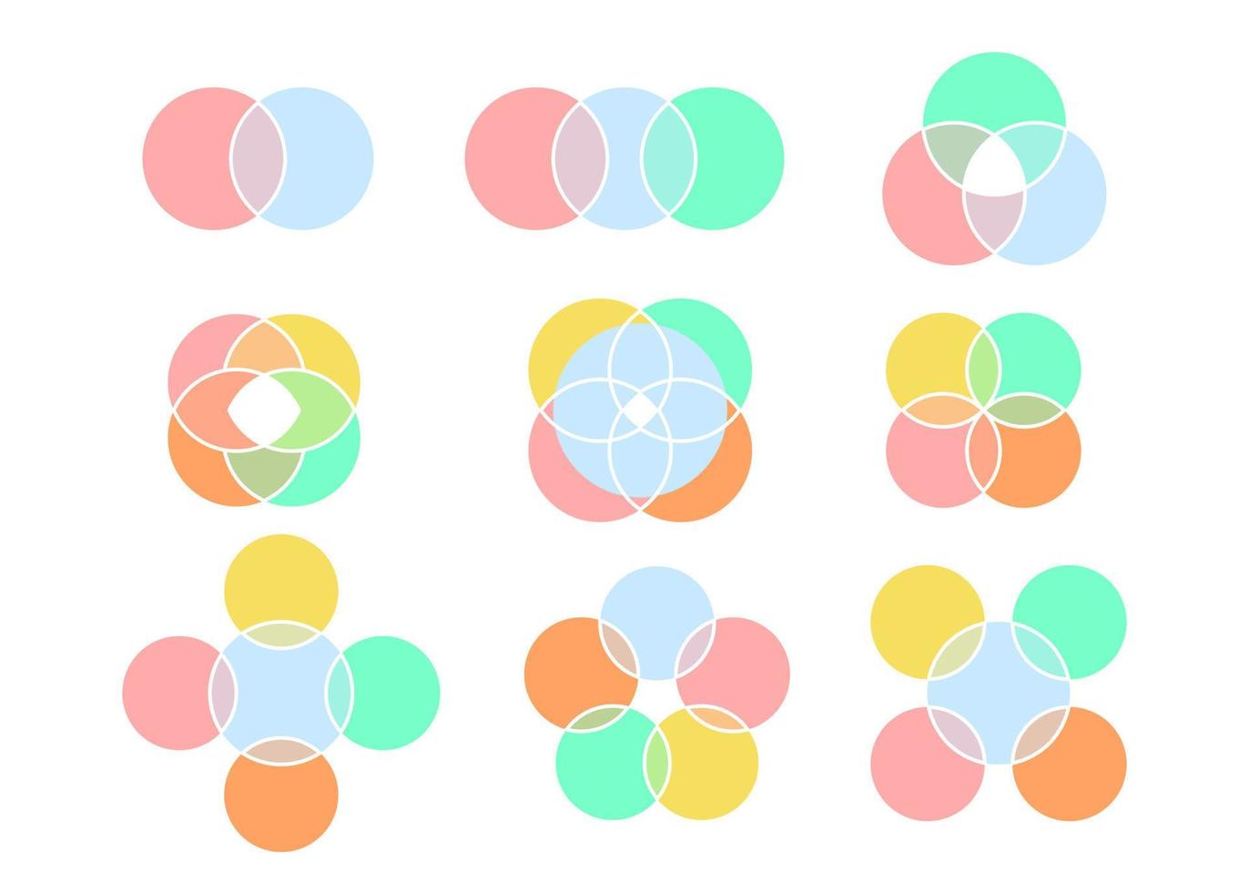 tipi di diagramma di Venn a colori, intersezione del cerchio del grafico. modo di visualizzare le informazioni sotto forma di cerchi incrociati. infografica matematica. Area di intersezione 2, 3, 4, 5 e 6. illustrazione vettoriale