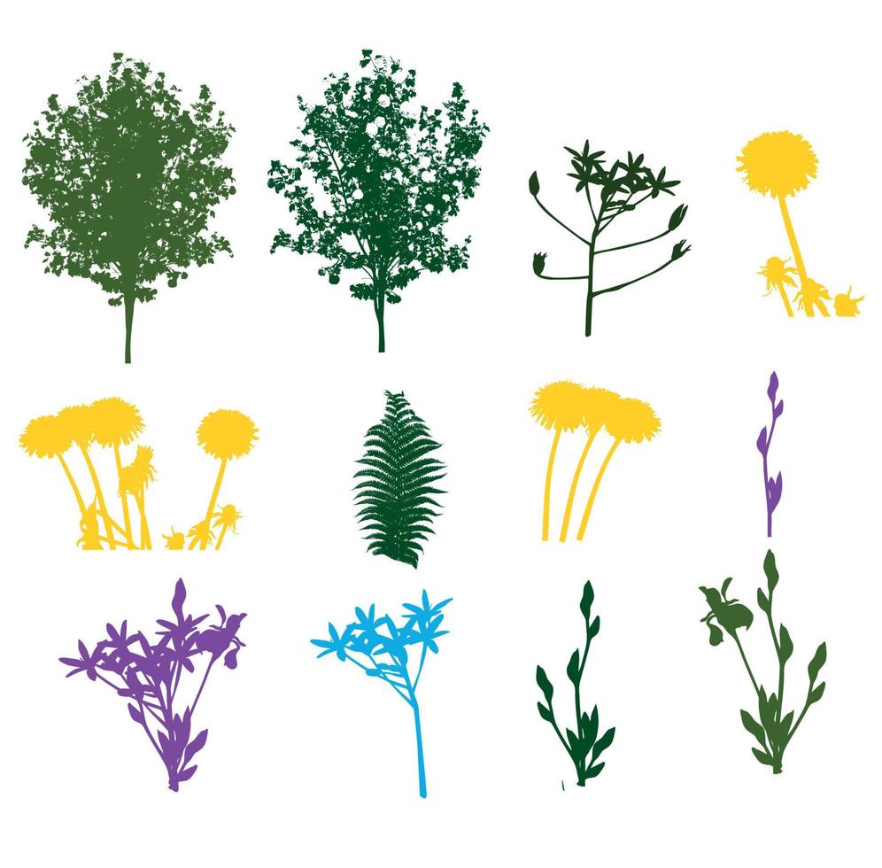set di piante, alberi, elementi di fogliame silhouette illustrazione vettoriale