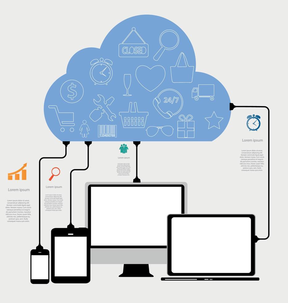 concetto di cloud computing su diversi dispositivi elettronici. vettore