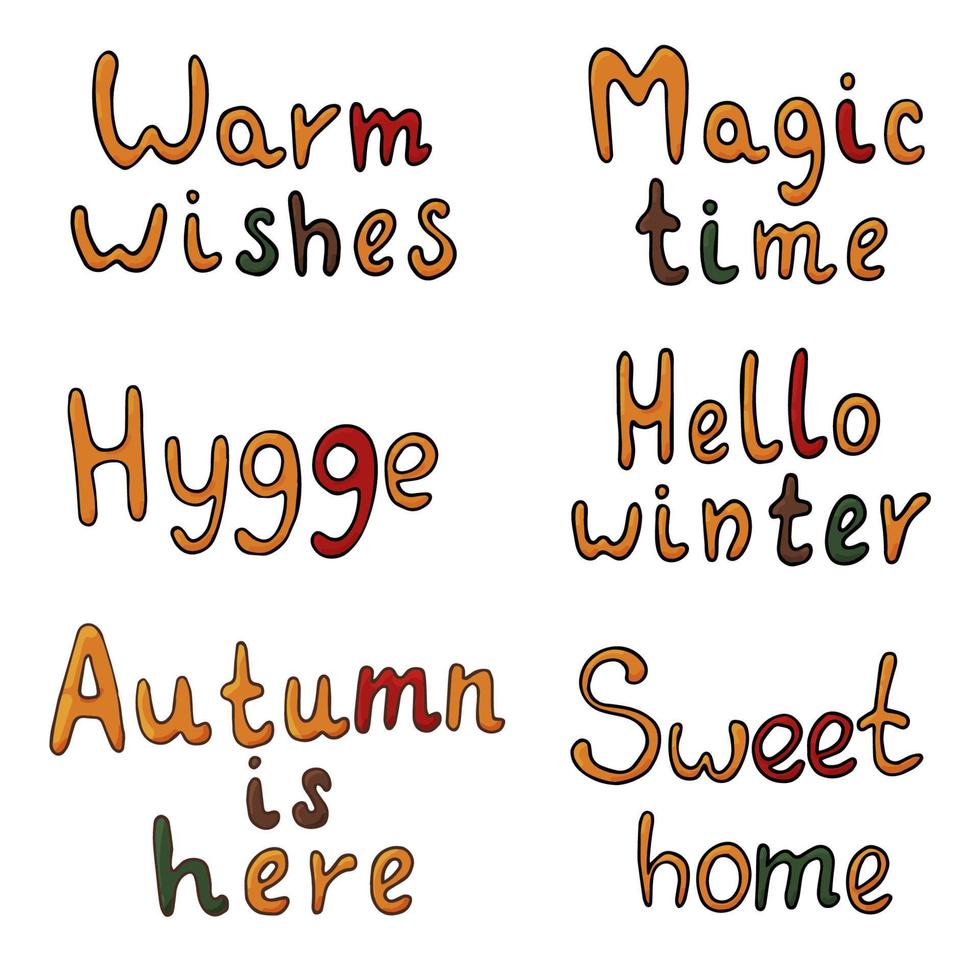 set di lettere disegnate a mano di vettore carino in stile doodle. dolce casa, tempo magico, auguri calorosi, ciao inverno, hygge, l'autunno è qui. isolato su sfondo bianco.