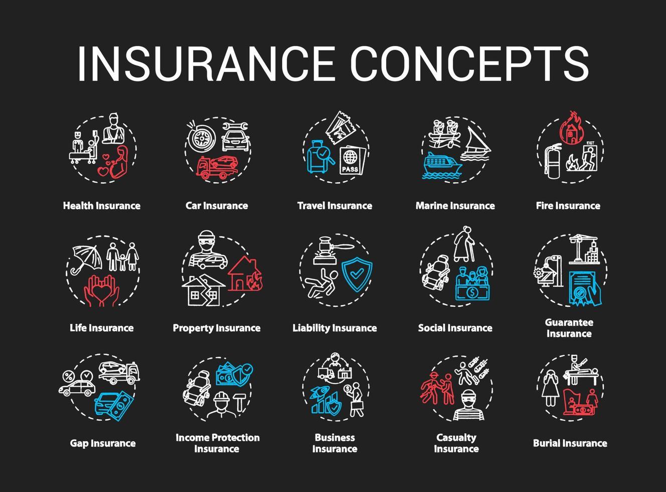 set di icone di concetto di colore rgb Insurancechalk. protezione da perdite finanziarie. contratto legale. idea di gestione del rischio. illustrazioni vettoriali di lavagna isolata su sfondo nero