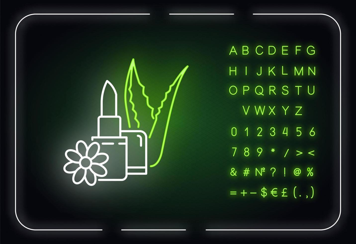 icona della luce al neon vegana per la cura delle labbra. balsamo per le labbra biologico. rossetto naturale con aloe vera. effetto luminoso esterno. firmare con alfabeto, numeri e simboli. illustrazione di colore rgb isolato vettoriale