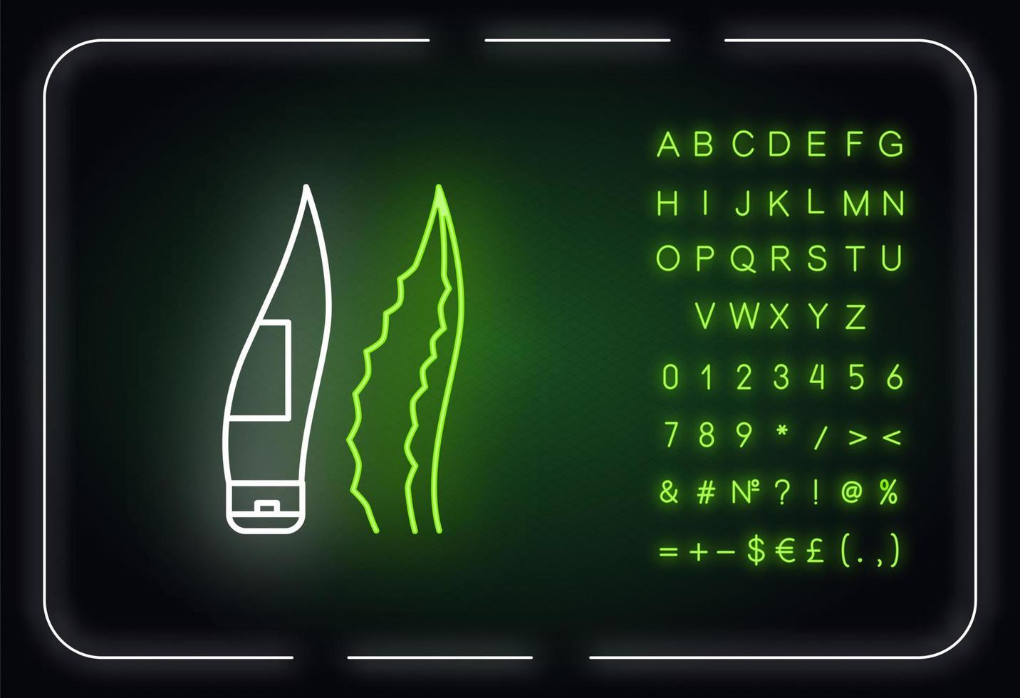 icona della luce al neon del pacchetto di gel. lozione organica. tubo a forma di foglia per crema naturale. germoglio di aloe vera. effetto luminoso esterno. firmare con alfabeto, numeri e simboli. illustrazione di colore rgb isolato vettoriale