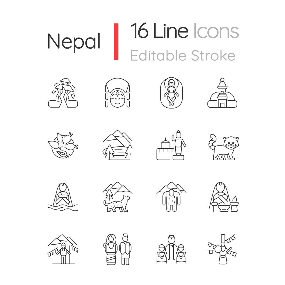 set di icone lineari del patrimonio culturale del nepal. feste religiose. attrazioni turistiche. alpinismo. simboli di contorno linea sottile personalizzabili. illustrazioni di contorno vettoriale isolato. tratto modificabile