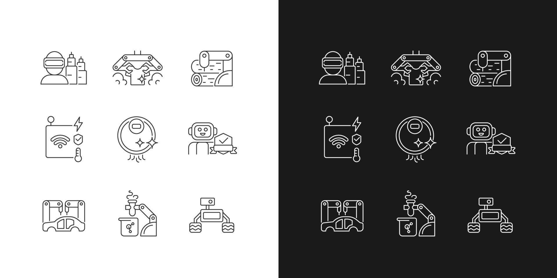 icone lineari di tecnologie di automazione impostate per la modalità scura e chiara. robot di produzione. lavanderia automatizzata. simboli di linea sottile personalizzabili. illustrazioni di contorno vettoriale isolato. tratto modificabile