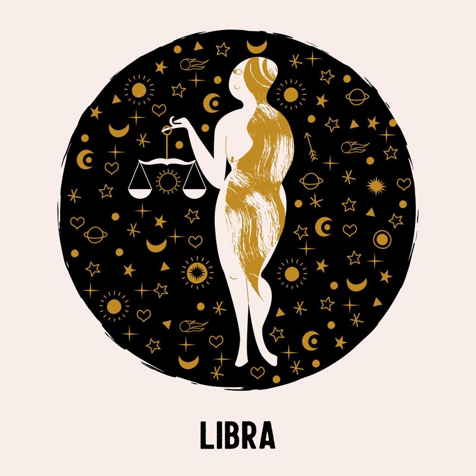 Libra. una donna nuda tiene in mano una bilancia. illustrazione vettoriale. vettore