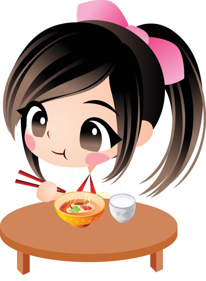 ragazza che mangia cartone animato clipart vettoriali carino kawaii