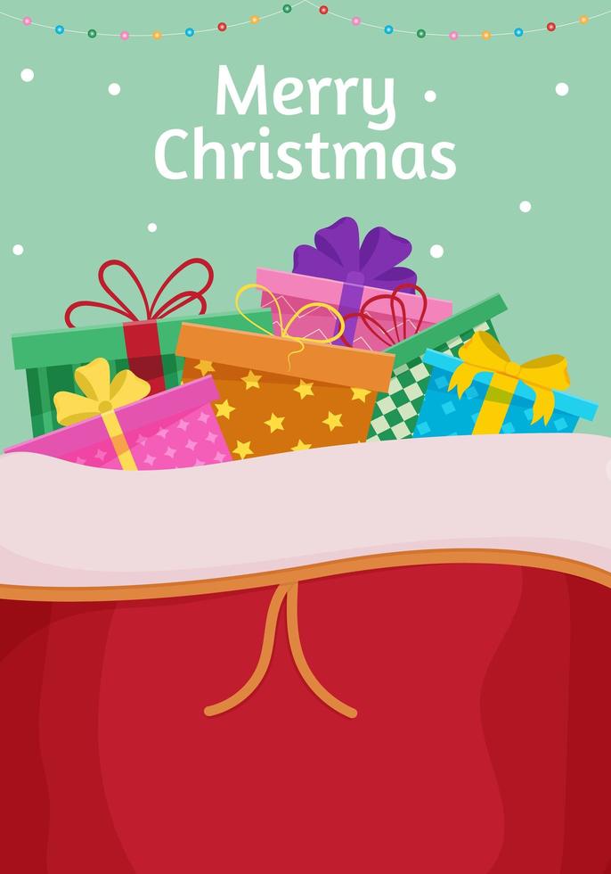 cartolina di buon natale. borsa di Babbo Natale. illustrazione del design della carta invernale per saluti, inviti, volantini vettore