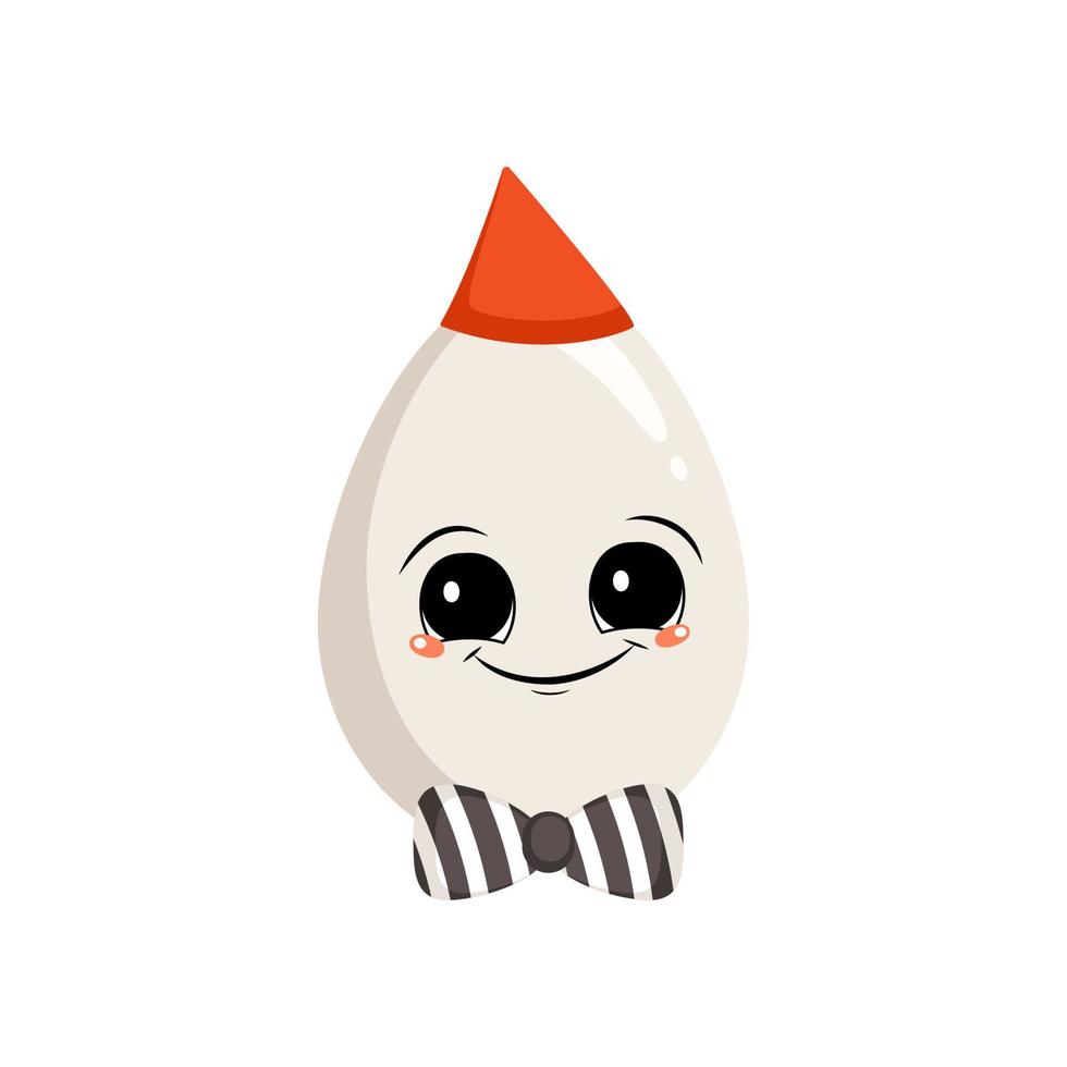 simpatico personaggio a forma di uovo con emozioni felici, viso gioioso, occhi sorridenti, con fiocco e berretto. decorazione festiva per pasqua. un malizioso eroe culinario. illustrazione vettoriale piatta