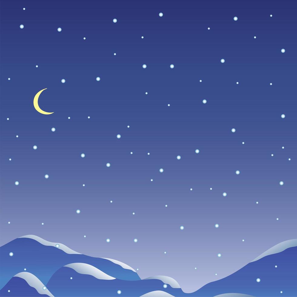 cielo notturno stellato blu navy o neve che cade e luna e montagne, bellissimo sfondo del paesaggio invernale per il tuo testo o qualsiasi disegno invernale. illustrazione vettoriale