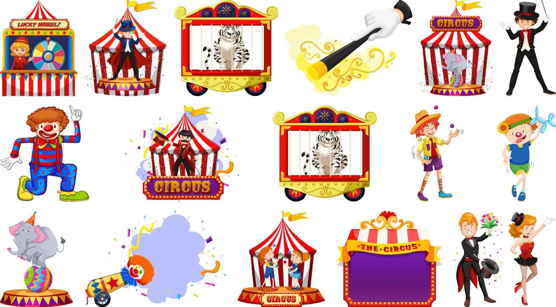 set di personaggi del circo ed elementi del parco di divertimenti vettore