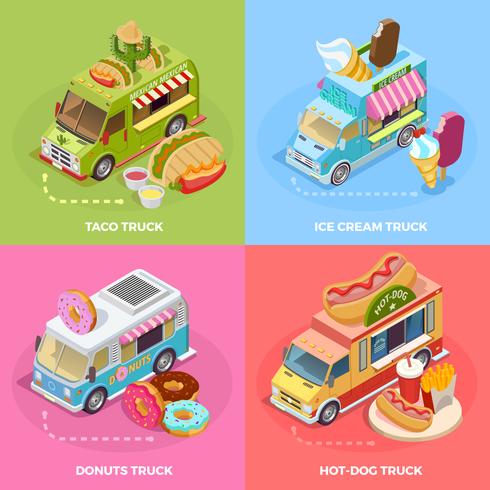 food truck 4 isometrica icone quadrate vettore