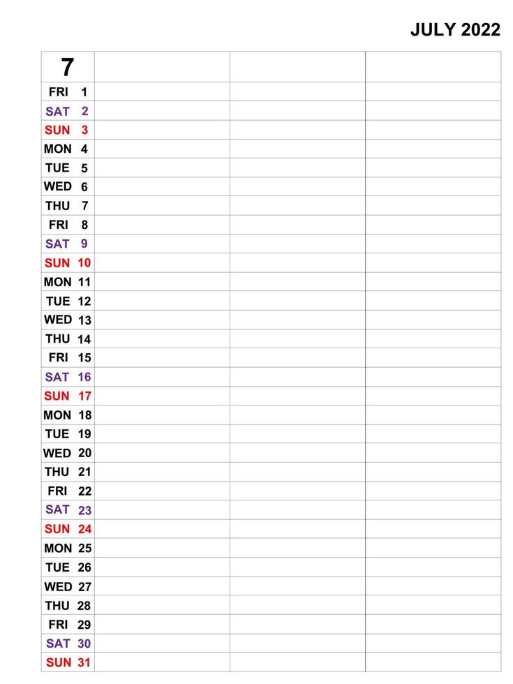 luglio 2022, modello di calendario per pianificatore mensile aziendale e note. vettore