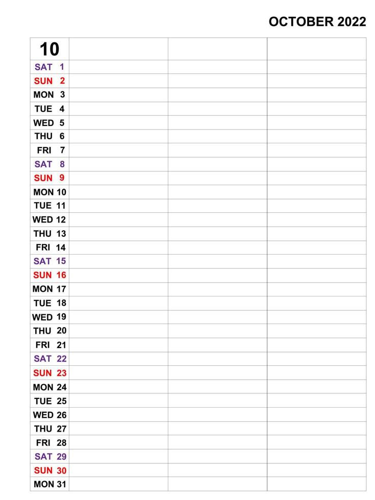 ottobre 2022, modello di calendario per pianificatore mensile aziendale e note. vettore