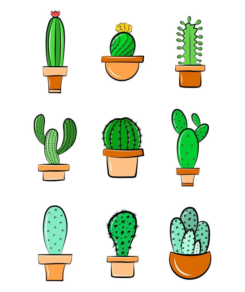 cactus succulento in vaso di fiori set di icone vettoriali isolato fumetto illustrazione clipart