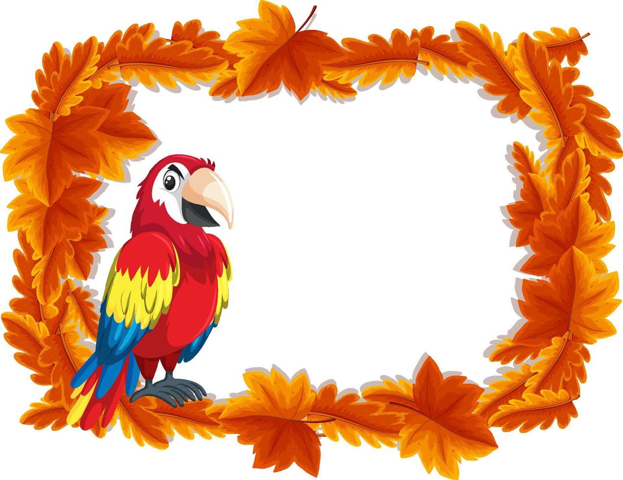 modello di banner di foglie rosse con personaggio dei cartoni animati di pappagallo uccello vettore