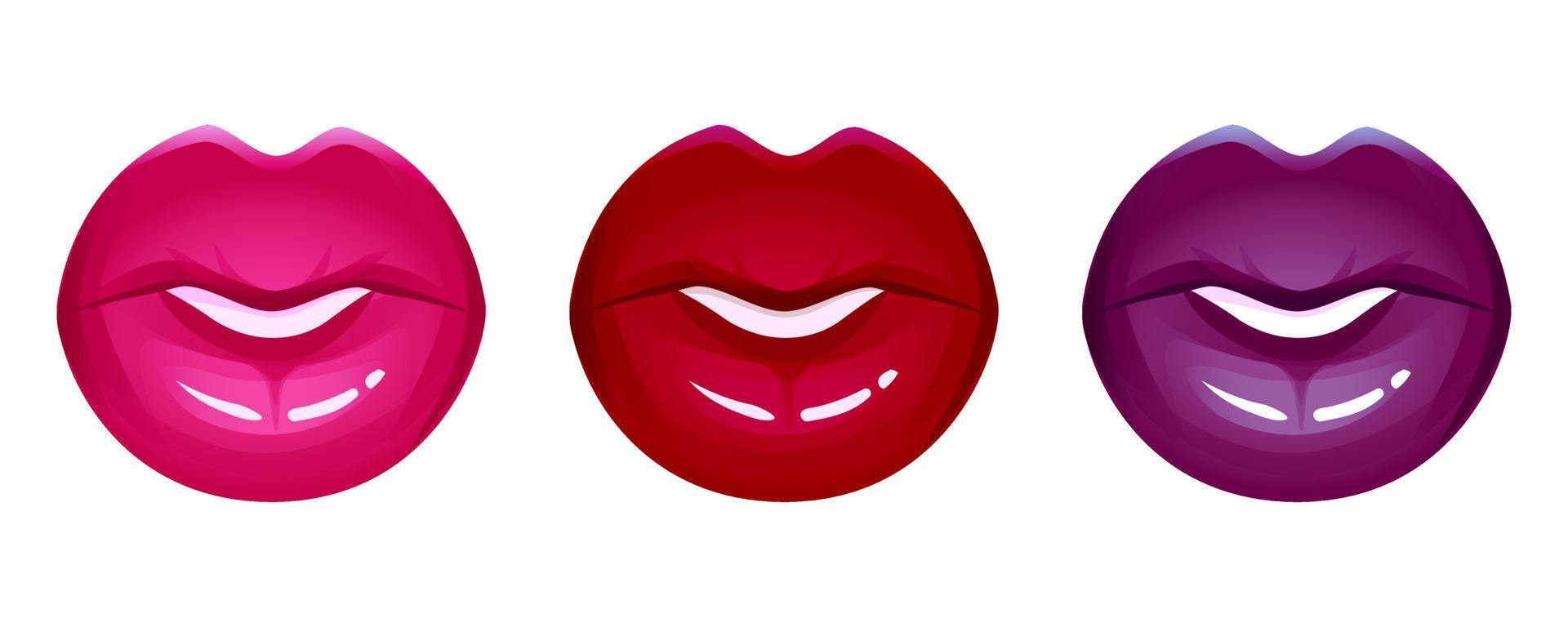 labbra realistiche insieme dell'icona di vettore isolato su bianco. bocca 3d delle donne, rossetto lucido lucido rosso. illustrazione di moda glamour.