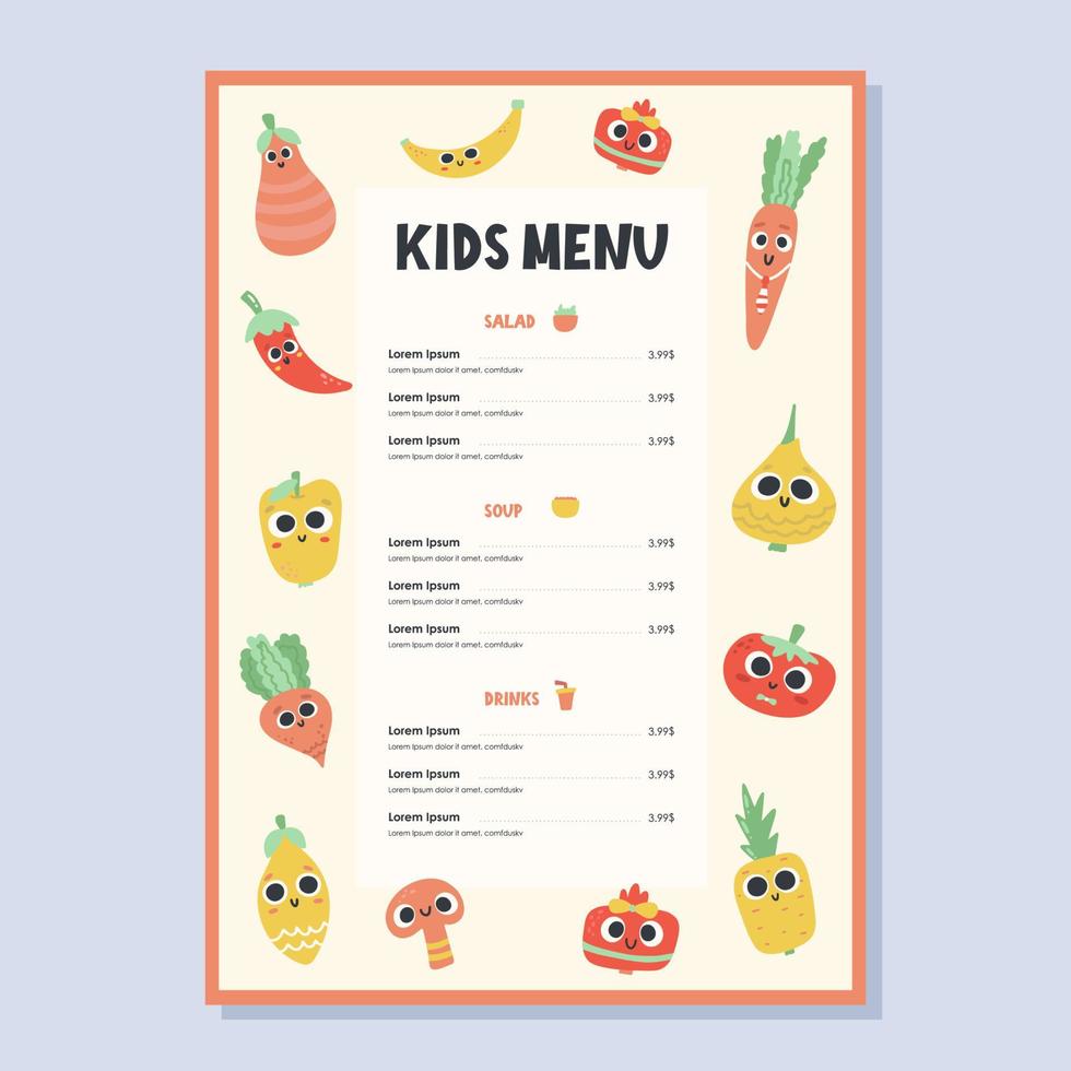 menu per bambini in uno stile divertente vettore