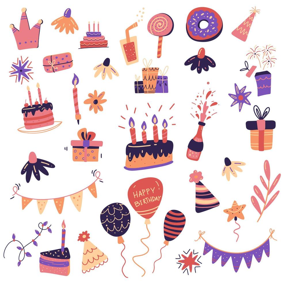 grande set con elementi per una torta di compleanno, candele, palloncini, celebrazione vettore
