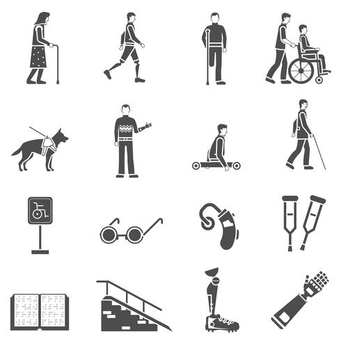 Set di icone nere disabili disabili vettore