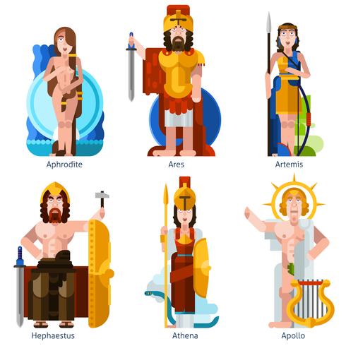 Set di icone di divinità olimpiche di colore piatto vettore