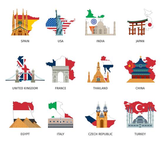 Set di icone piane di punti di riferimento di bandiere di paesi vettore