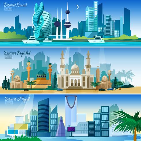 Set di bandiere orizzontali di paesaggio urbano arabo vettore