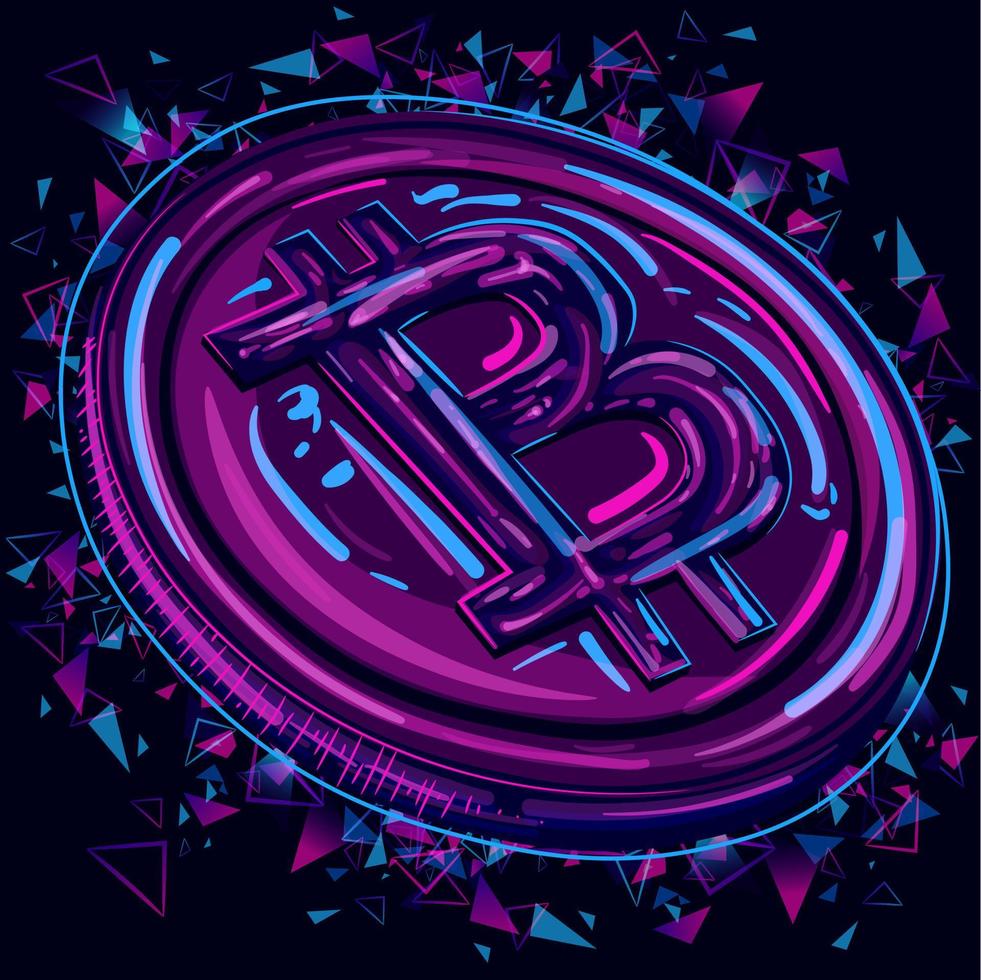 illustrazione rosa e blu di una moneta digitale e una spruzzata colorata. arte al neon di un bitcoin sotto la luce UV. marketing digitale e concetto di banca online. vettore