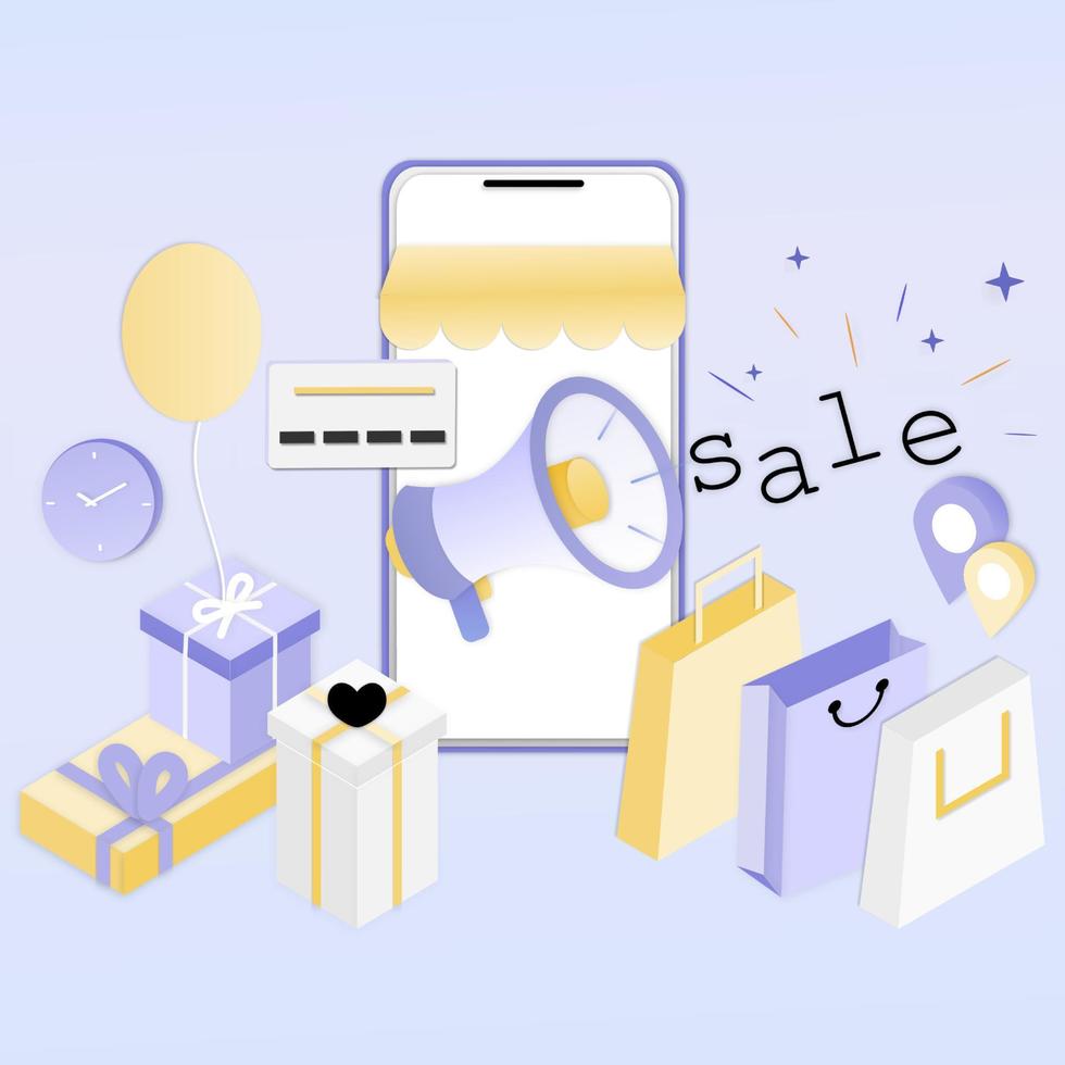 Acquisti online realistici 3d sul sito Web o sul concetto di applicazione mobile di marketing vettoriale e marketing digitale. arte cartacea isometrica per la promozione del negozio digitale, pagamento online, consegna, vendita, annunci.