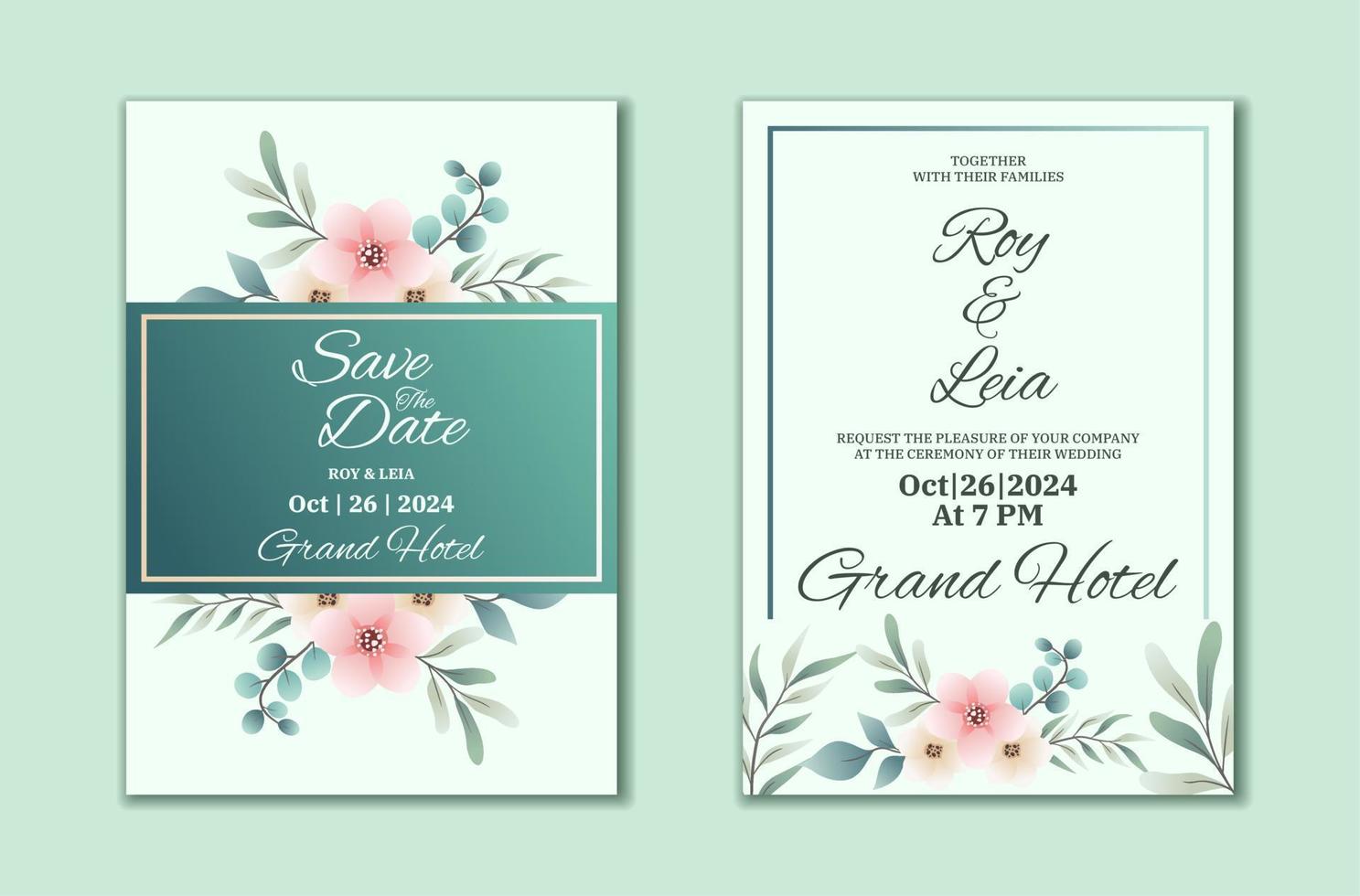 biglietto d'invito per matrimonio floreale con foglie disegnate a mano e ornamento floreale rosa vettore