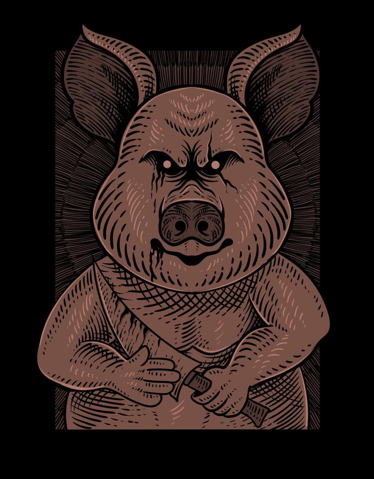 illustrazione vintage maiale psicopatico con stile di incisione vettore