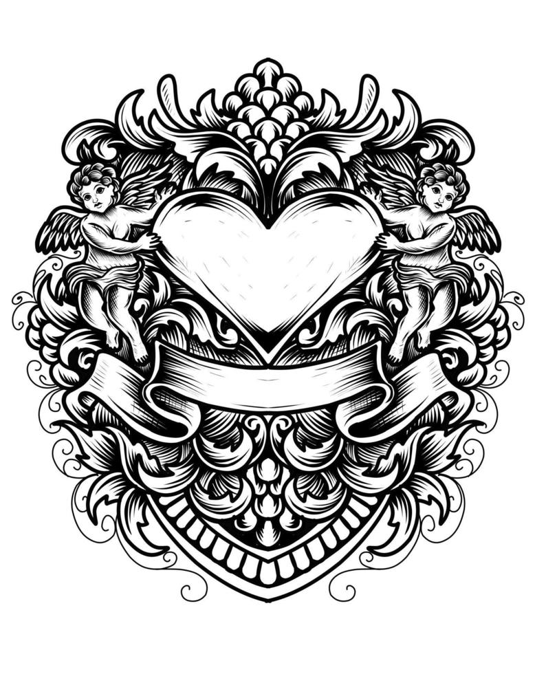 illustrazione amore cuore con due angelo ornamento vintage style vettore