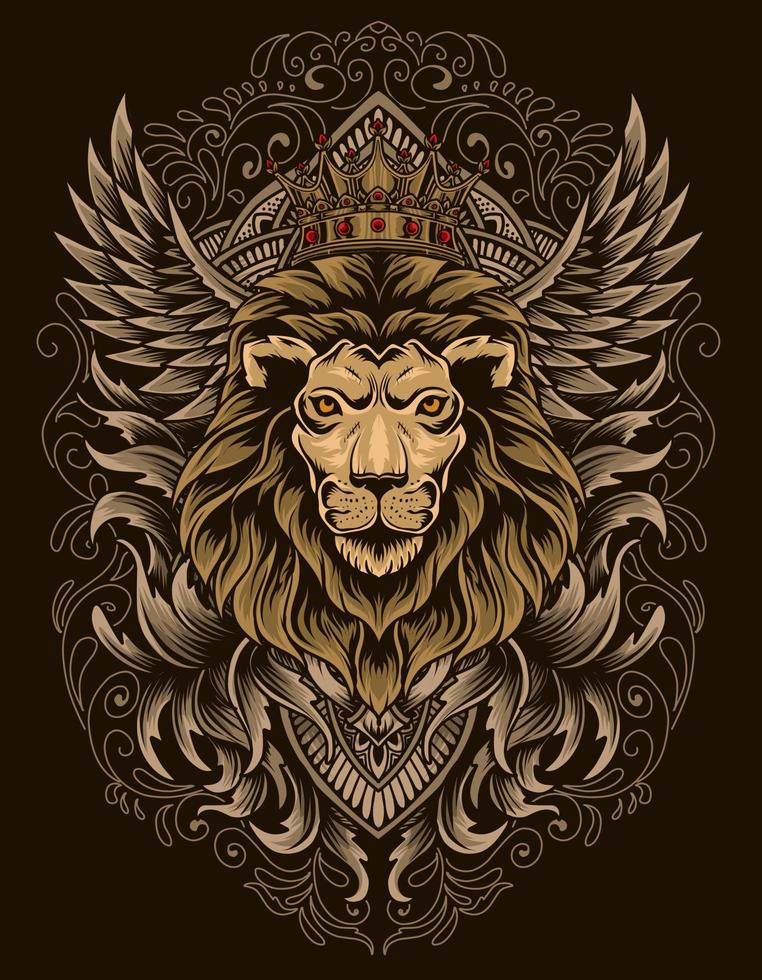 illustrazione vettoriale testa di leone con ornamento incisione vintage