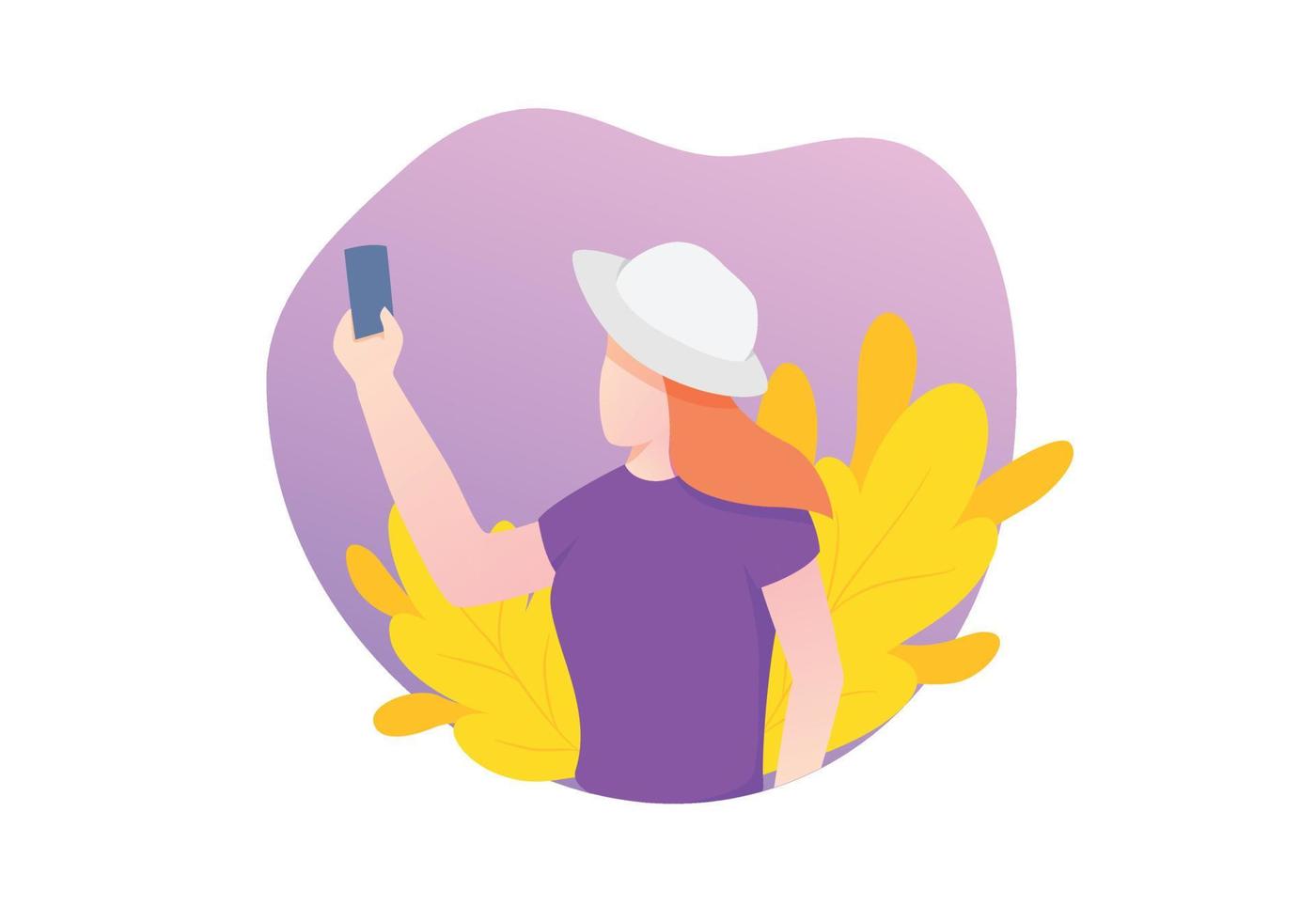 selfie donna con smartphone in mano e cappello con pianta floreale come sfondo vettore