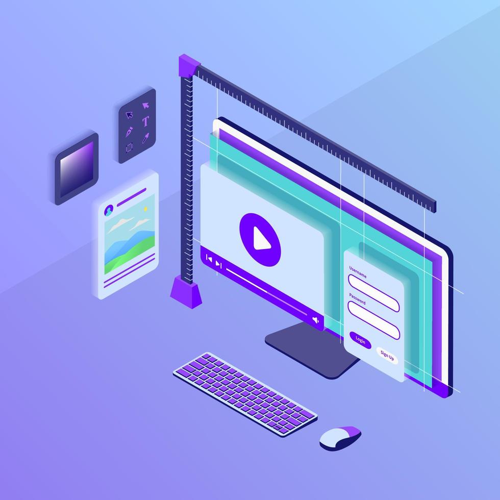 interfaccia o sviluppo di siti Web di progettazione visiva con schermo del computer monitor con stile isometrico vettore