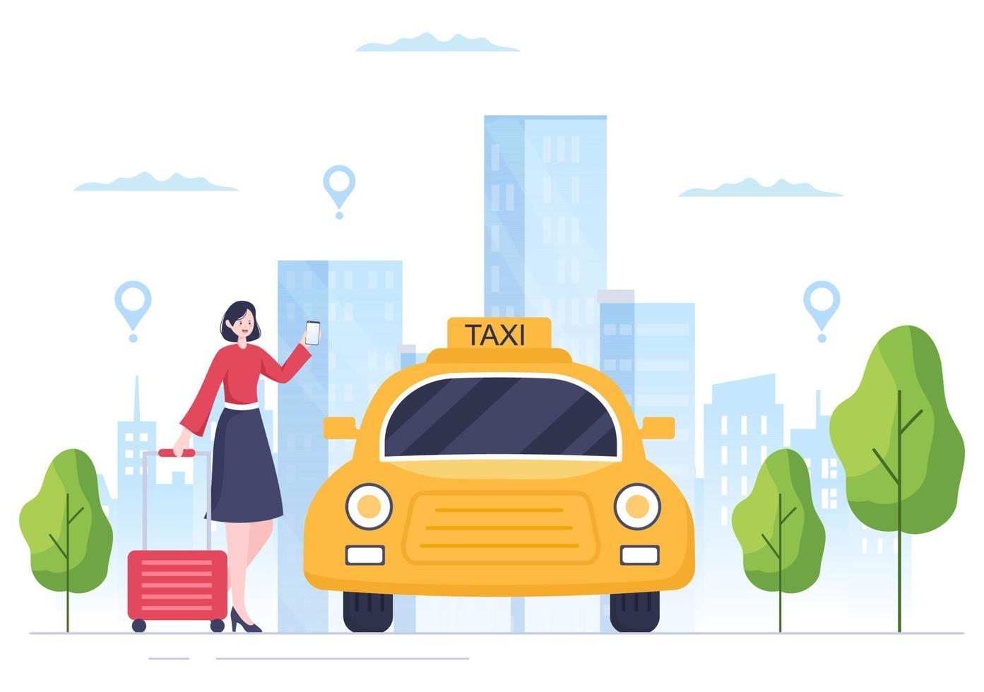 prenotazione taxi online servizio di viaggio design piatto illustrazione tramite app mobile su smartphone porta qualcuno in una destinazione adatta per sfondo, poster o banner vettore
