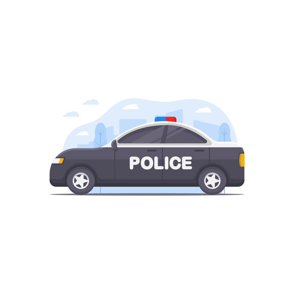 illustrazione vettoriale di auto della polizia decorata con elementi di illustrazione della scena della città come sfondo nel tema della polizia di pattuglia in città