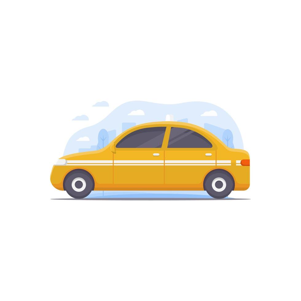 illustrazione vettoriale di taxi auto decorata con elementi di illustrazione del paesaggio della città come sfondo nel tema dell'illustrazione di taxi auto di trasporto pubblico